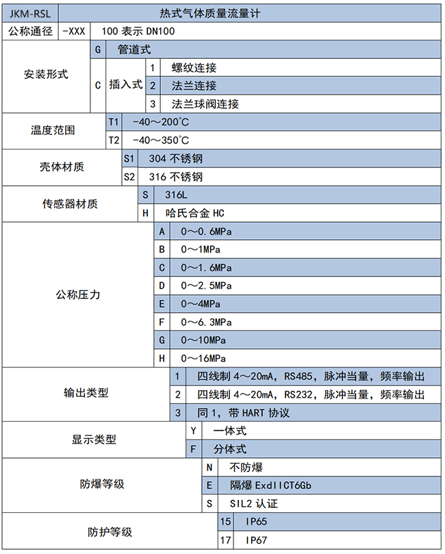 智能熱式氣體質(zhì)量流量計選項(xiàng)表